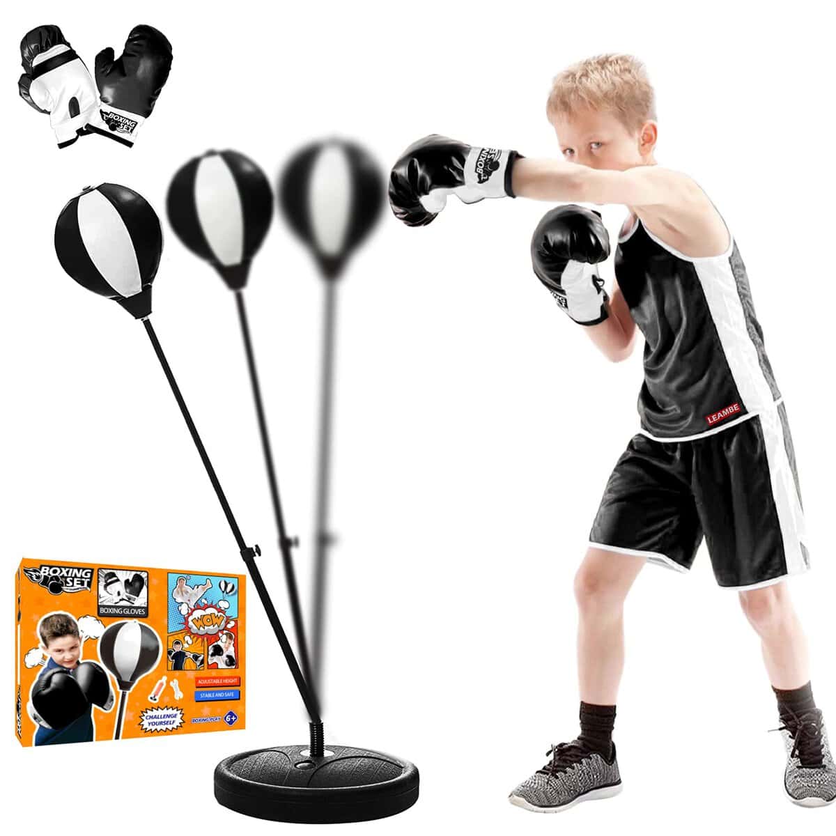 LEAMBE Punching Bag for Kids, Height Adjustable Boxing Set with Stand & Gloves, Great Boxing Bag Set Gift for 3-8 Years Old Boys & Girls