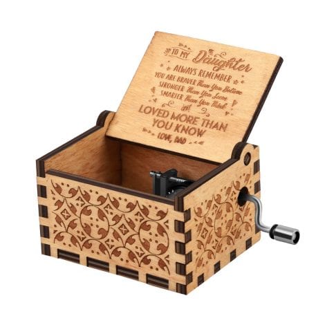 Wooden music boxes with engraved vintage design, perfect for gifting on special occasions like birthday, Christmas, and Valentine’s Day. (Wood-Dad to Daughter)