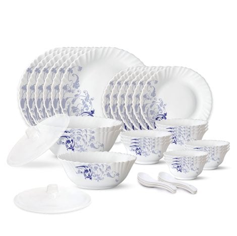 Larah by Borosil Blue Eve Silk Series Opalware Dinner Set: Perfect for a family of 6, microwave and dishwasher safe, bone-ash free, ideal for dining and gifting.