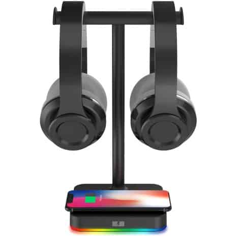 KAFRI RGB Dual Headphone Stand with Wireless Charger – Perfect for Indian gamers and desktop enthusiasts.