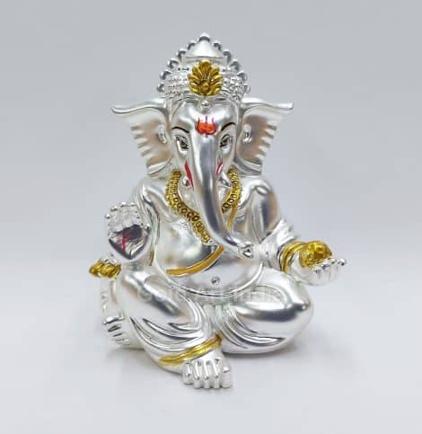 Matte Silver plated Gaddi Ganesha – a stunning Indian artistic treasure with a touch of gold.