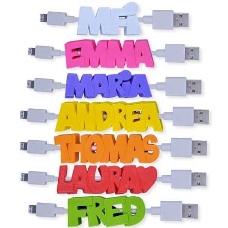 Personalized KDO 3D Charger Cable Tag with embossed letters. Choose from 15 colors. A perfect gift idea!