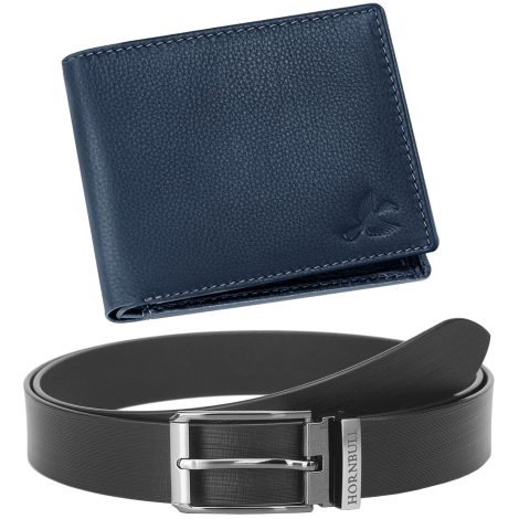 HORNBULL Navy Wallet and Black Belt Combo – Perfect Diwali Gift Set for Indian Men.