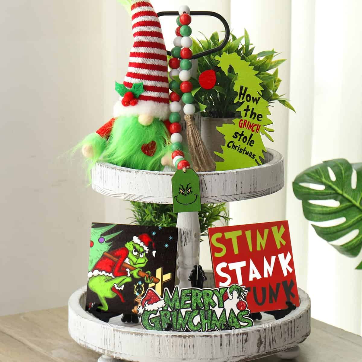 Grinch Tiered Tray Decor,Tiered Tray Decor Christmas,Mini Christmas Gnome,Grinch Rustic Wooden Signs,Christmas Decor Party Supplies Decorations