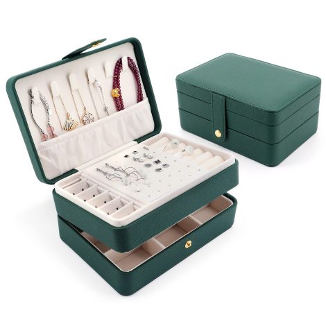 3-tier green Beowanzk jewellery box for Indian women, with storage for necklaces, rings, earrings, bracelets, and bangles.