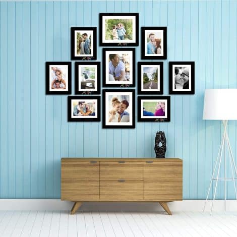 Painting Mantra Boulevard Set of 11 Black Photo Frames, ideal for Indian homes, in various sizes.