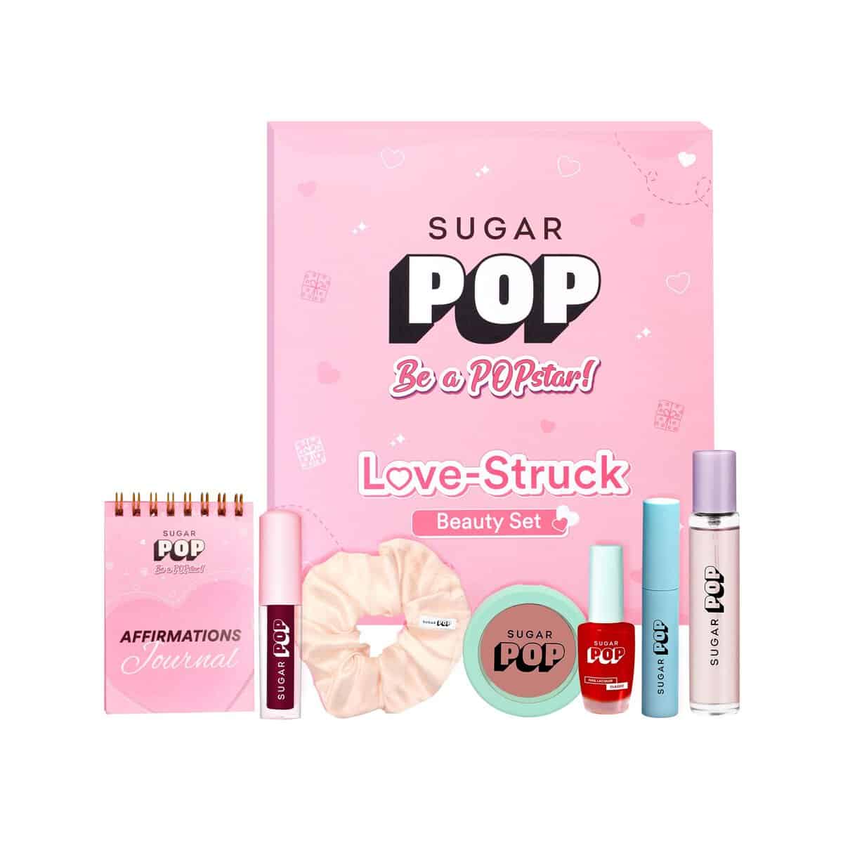 SUGAR POP Love-Struck Beauty Set | 7-in-1 Special Kit with 4 Makeup Essentials + Pocket Perfume + Cute Hair Scrunchie + Affirmations Journal | Makeup Kit for Women Multicolour