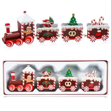 Mini wooden Christmas train decoration with Santa Claus in red, perfect for festive Indian celebrations.