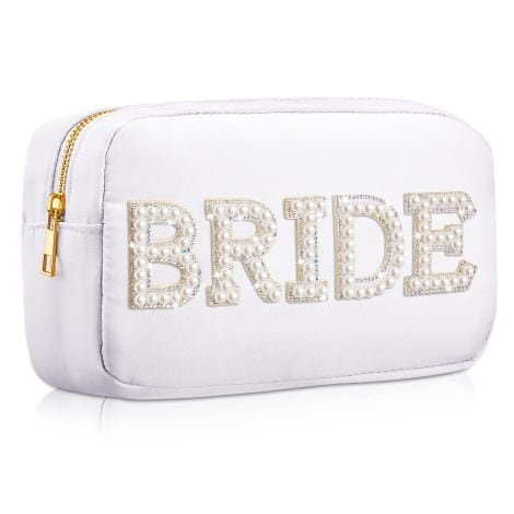 Large Hillban nylon makeup bag with pearl and rhinestone letter patch, perfect for an Indian bride.