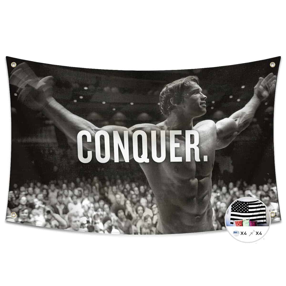 Conquer Flag for Arnold Schwarzenegger 3x5 Feet Banner Gym Motivation Funny Fitness Poster Durable Cool Tapestry Man Cave Wall Decor with Brass Grommets for College Dorm Room Decoration,Bedroom,Outdoor,Parties,Gift,Indoor,Ceiling,Garden,Garage,Home,House