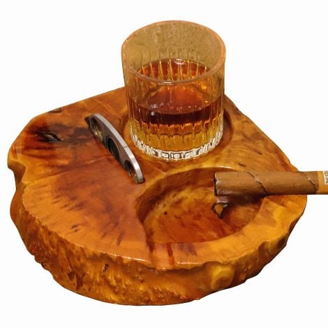 Wooden Cigar Ashtray Set: Gift for Men, perfect for outdoor patios, includes whiskey glass tray and cigar cutter holder.