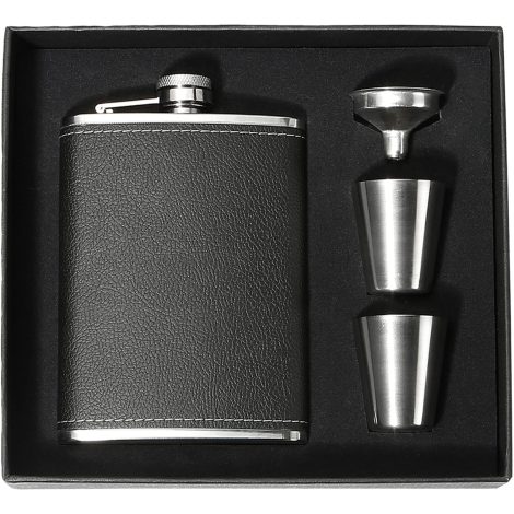 Stylish Black Leather Hip Flask Set, perfect for gifting on Father’s Day or birthdays.