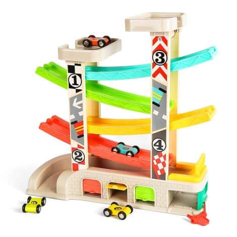 Engage your little one with TOP BRIGHT Car Race Tracks – Ideal gifts for 2-3 year old boys! Includes 4 mini wooden cars, gas station, auto repair shop, and parking garage.