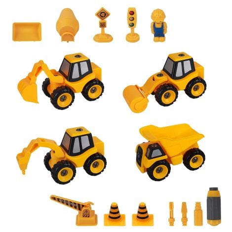 DeeXop Construction Vehicle Truck set with screwdriver for 3-7-year-old boys and girls, including Excavator, Roller, Dump Truck, Drilling Rig Car. Ideal STEM Building Toy for children.