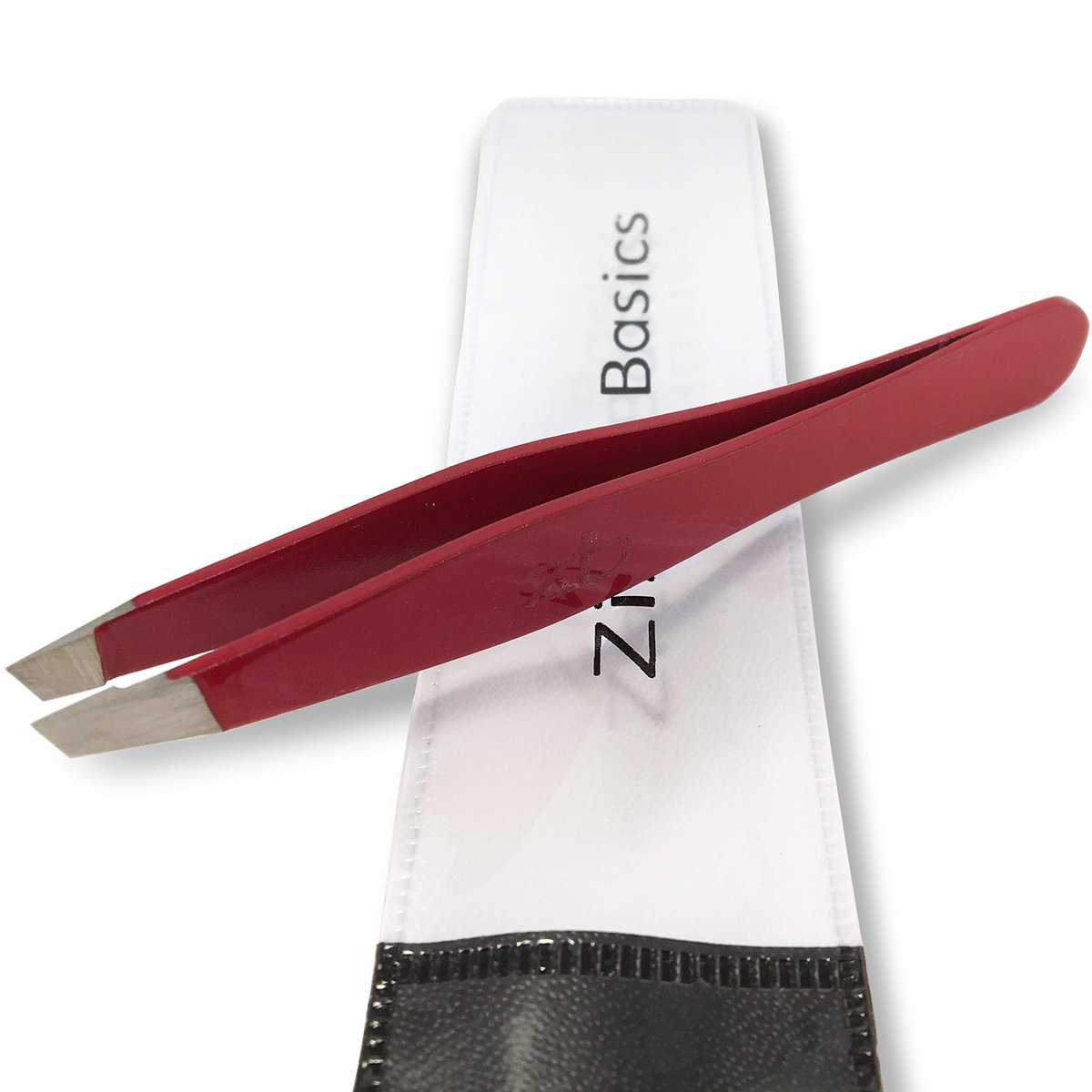 Tweezers – Surgical Grade Stainless Steel - Slant Tip for Expert Eyebrow Shaping and Facial Hair Removal – with Bonus Protective Pouch - Best Tool for Men and Women (Ruby Red)