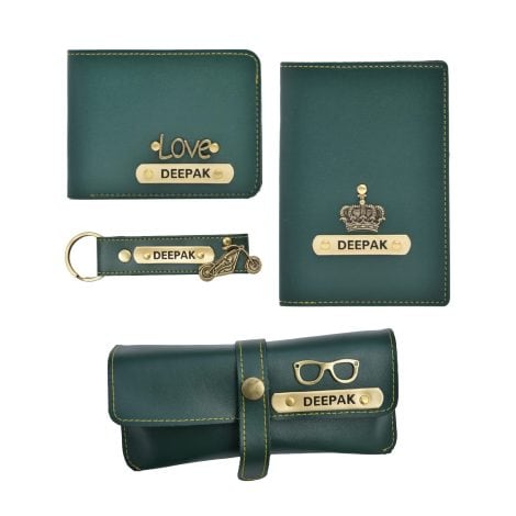 Personalized Gift Combo for Men – Custom-made Men’s Wallet, Passport Cover, Eyewear Case, and Keychain in Green. Perfect Birthday Gift Combo for Men.