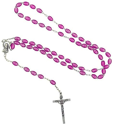 High-quality Catholic Rosary with Metal Crucifix Cross & Miraculous Pink Oval Beads, in Purple.