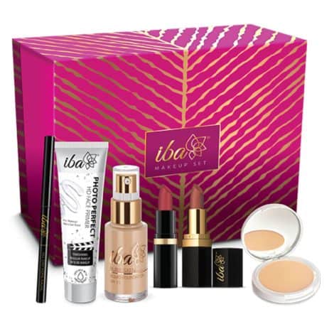 Iba Makeup Gift Set for Women (Medium) – Includes foundation, compact, primer, lipsticks, and kajal. Provides long-lasting, full coverage. Made with 100% vegan and cruelty-free ingredients. Set includes 6 items.