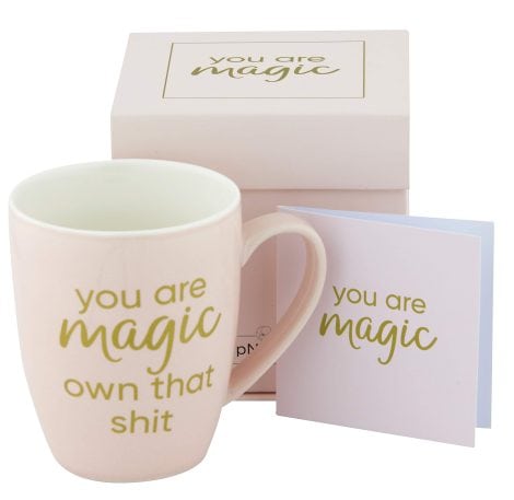 “Elegant Pink Coffee Mug with empowering quote, perfect gift for women; durable, dishwasher & microwave safe.”