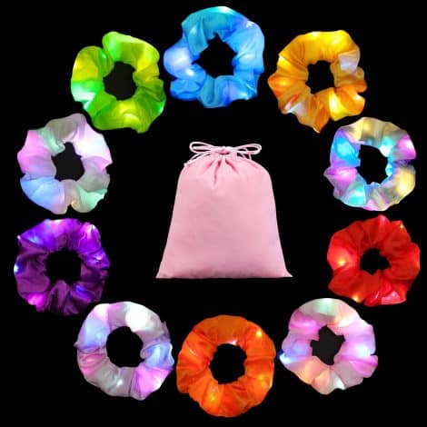 10 Pieces Illuminating Hair Scrunchies, High-quality LED Hair Bands with Gift Bag, Satin Silk Scrunchies. Perfect Holiday Gift.