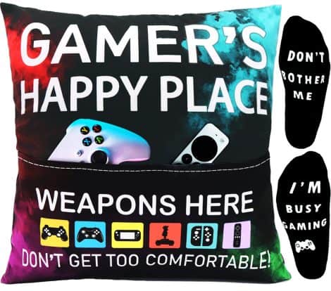 Gifts for gamers to decorate their gaming room, including a pillow cover and socks gift set.