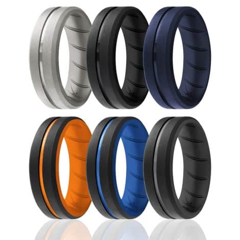 ROQ Silicone Rings – Comfortable men’s wedding bands with 8mm engraved duo, available in black, blue, orange, grey. Size 12, comes in a pack of 6.