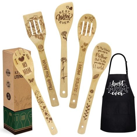 Humorous Kitchen Gift Set – Funny Apron with Wooden Cooking Spoons, perfect for Mother’s Day and Christmas.