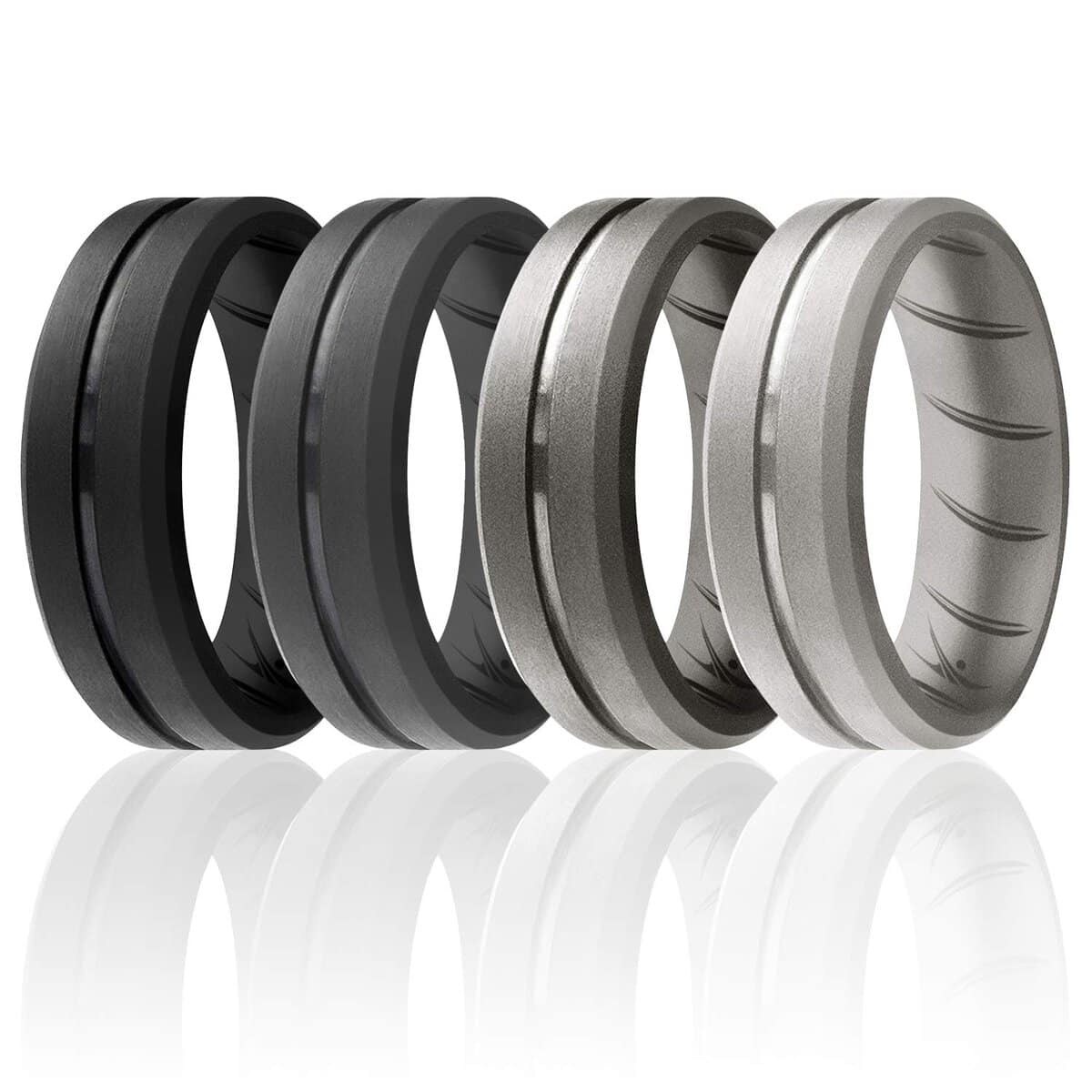 ROQ Silicone Rings, Breathable Silicone Rubber Wedding Ring Band for Men with Comfort-Fit Design, 8mm Engraved Middle Line, 4 Pack, Silicone Wedding Ring - Black, Grey, Silver Colors - Size 10