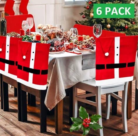 BRIDA® Elastic Chair Seat Protectors with Floral Print, Santa Hat Design. Set of 6, Polyester Blend, Red.