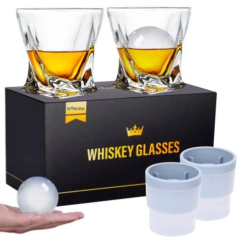 Gift Boxed Set of 4 Mfacoy Whiskey Glasses – Includes 2 Crystal Bourbon Glasses and 2 Ice Ball Molds. Ideal for Men who enjoy Scotch, Cocktails, Rum, Vodka, and Liquor.