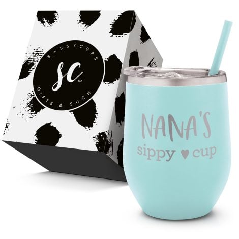 Best ever gift for Nana: Engraved 12 oz Mint Wine Tumbler with Lid and Straw for Nana’s Sippy Cup.