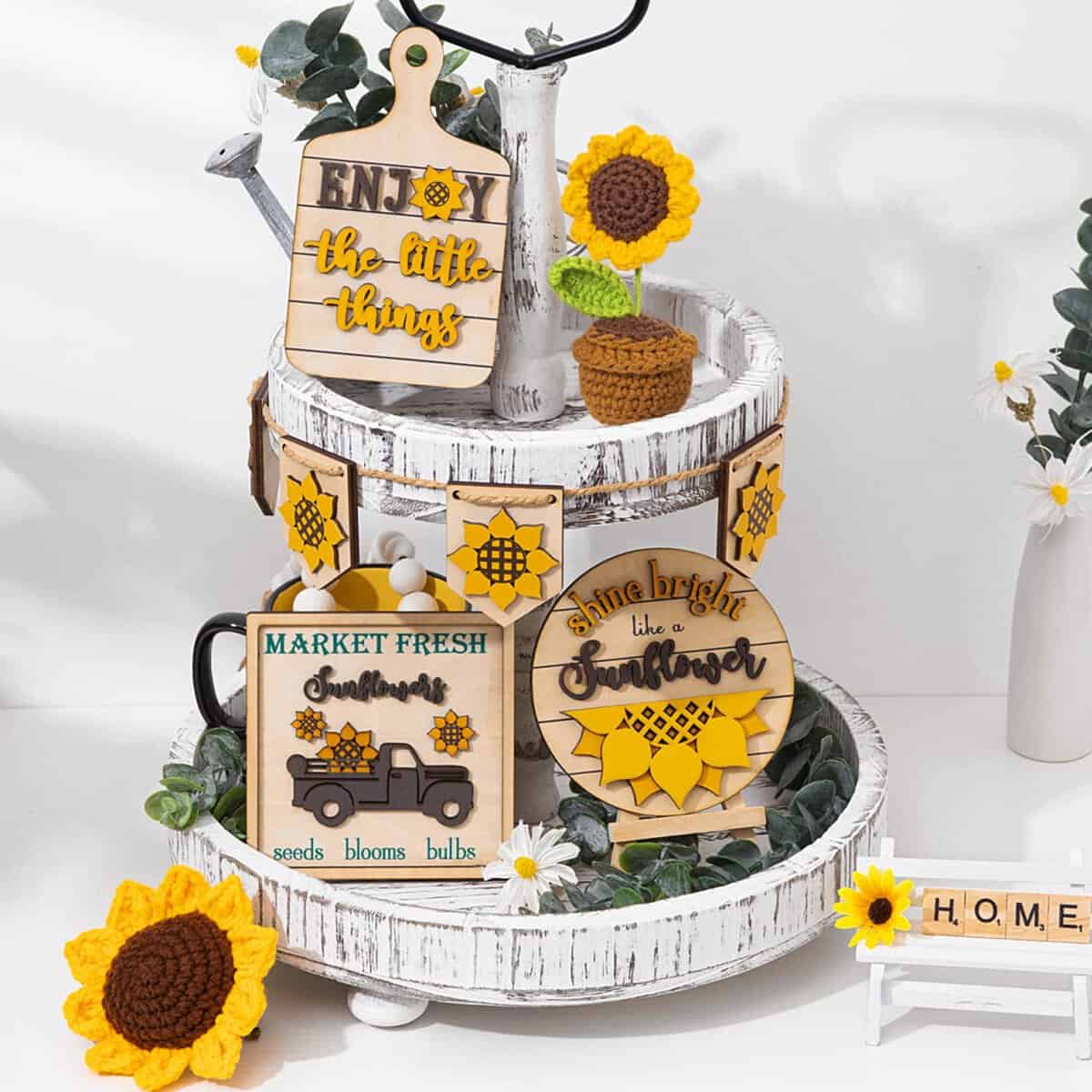 Sunflower Decor | Sunflower Farmhouse Tiered Tray Decor -Sunflower Decorations for Home - Sunflower Gifts for Women - Crochet Sunflowers - Wooden Signs for Kitchen (Yellow)