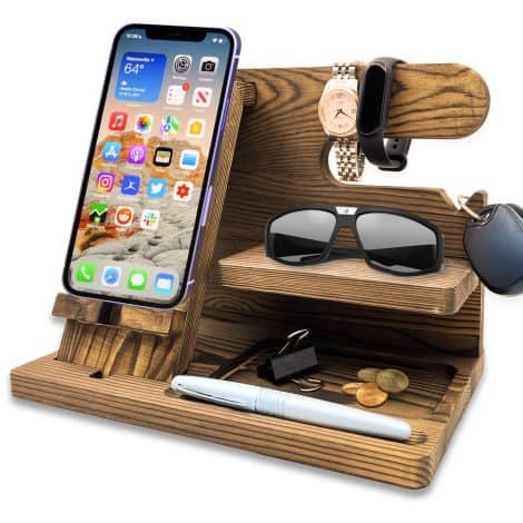 Wooden Organizer with Phone Charging Stand and Unique Design, Ideal Home or Office Gift for Indian Men.