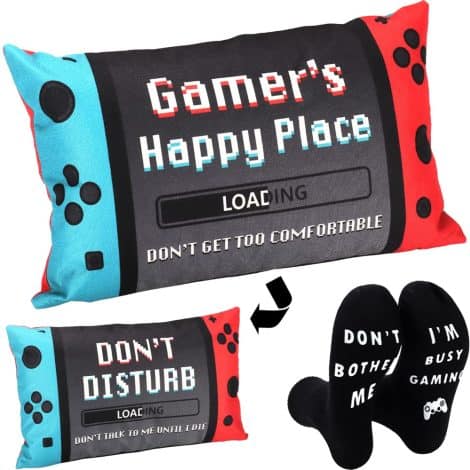 Gifting options for teenage boys passionate about gaming, including room decor, socks, and pillow covers. (15 words)