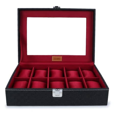 Royal Black & Cherry Color LEDO Watch Box Case Organizer with Transparent Look Display Holder for Men and Women.