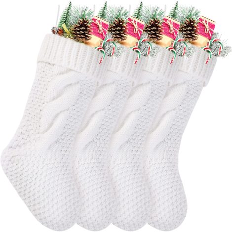 Kunyida Christmas Stockings Bulk, Set of 4, 14 Inch White Knitted Stockings for Festive Decor.