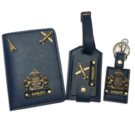 Combo of navy blue Giftsclub passport cover, luggage tags, and keychain suitable for Indian consumers.