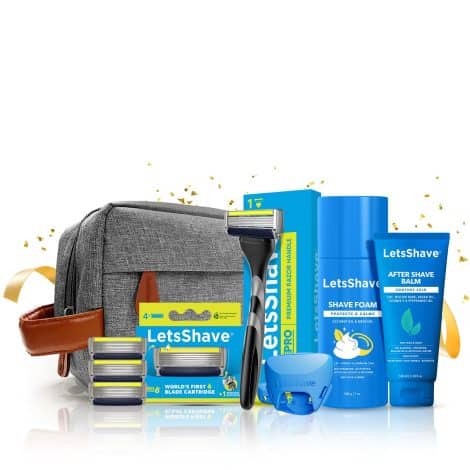 Complete shaving kit for men – LetsShave Pro 6 Plus Lite Premium Gift set, with razor, cartridges, foam, balm, and bag.