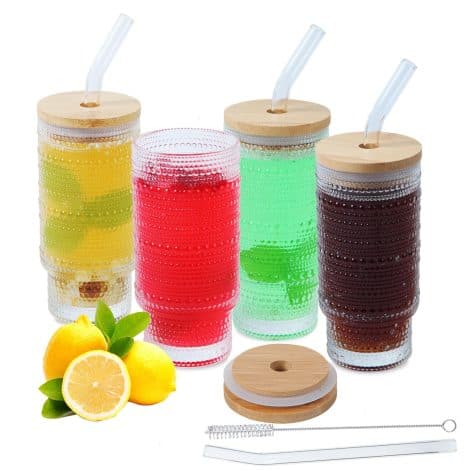 LewisCare 16oz Glass Cup Set: Pearl design with lids and straws – ideal for coffee, tea, cocktails. Perfect gift for women.