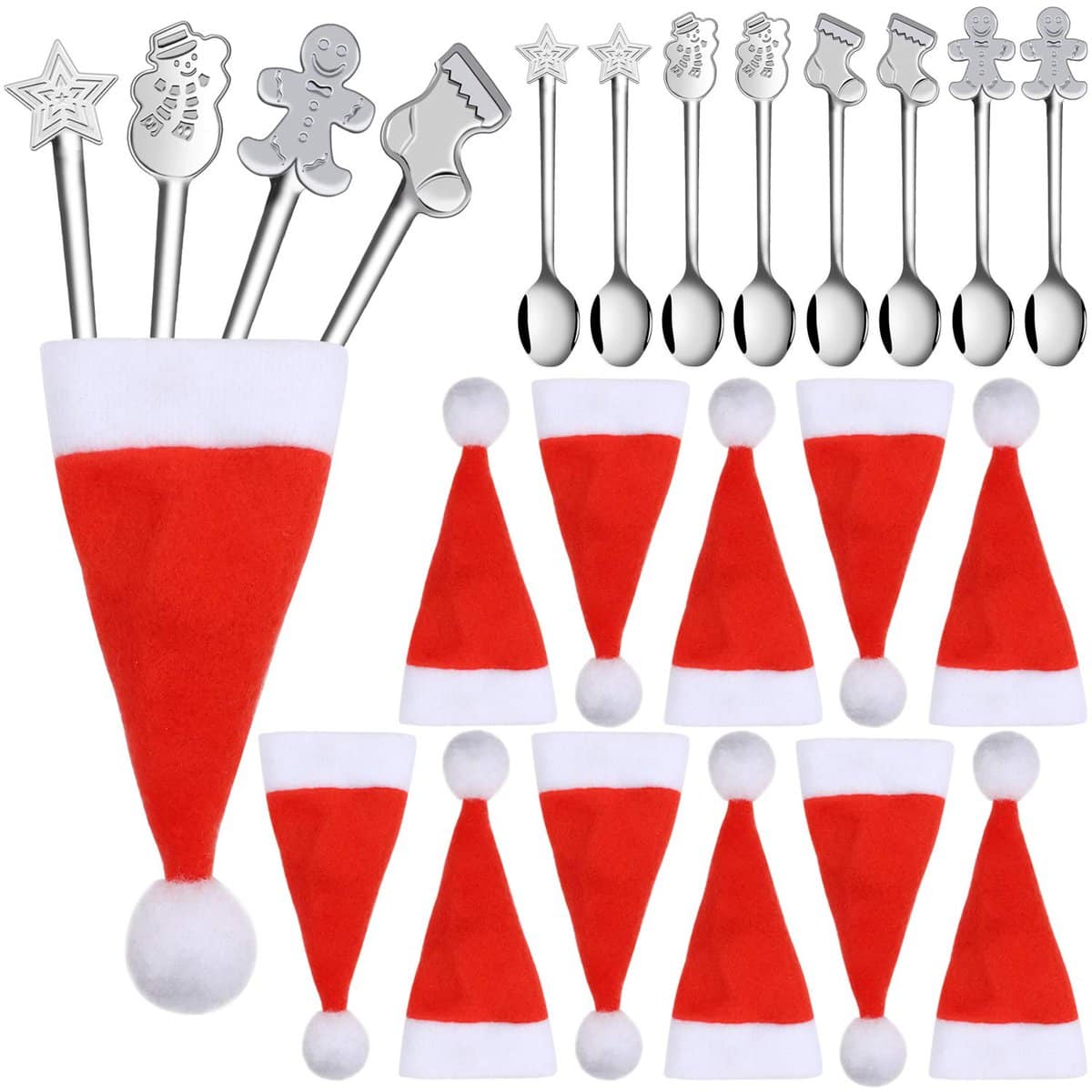 Aneco 24 Pieces Christmas Stainless Steel Spoons and Santa Hats, 12 Spoons and 12 Spoon Hats for Coffee Tea Dessert Silverware Holders