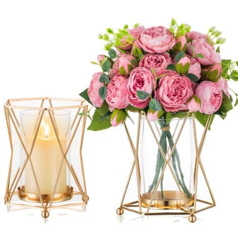 Gold Candle Holders Gifts for Mom, Nuptio 2-Piece Wedding Centerpieces with Glass Vase & Hurricane Holders. Perfect for Indian homes!