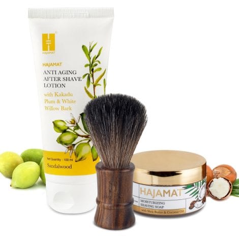 Hajamat Essential Shaving Kit: Complete grooming set for Indian men including soap, brush, aftershave. Perfect gift for your loved ones!