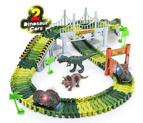 Snaptron Dinosaur Toy, a massive Jurassic World train set for kids with 142 pieces, including a flexible race track and 2 toy cars.