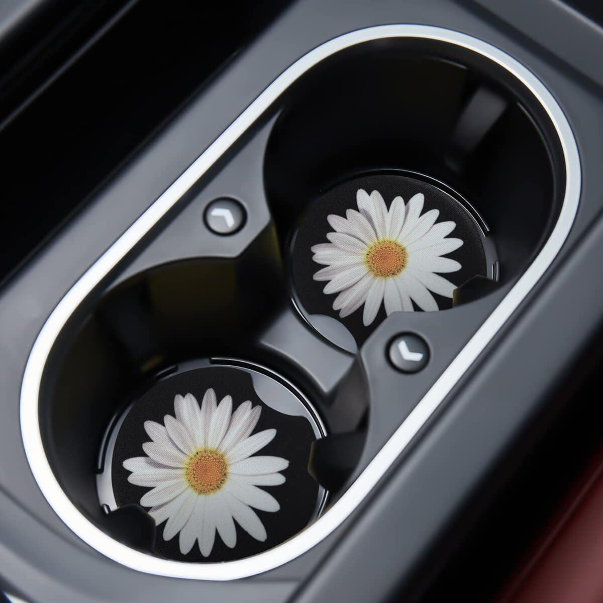 Jupswan Car Cupholder Coaster Absorbent 2 Pack Cute Funny Fun Trendy White Daisy Design Rubber New Automotive Cup Holder Decal Decor Accessories for Women Men
