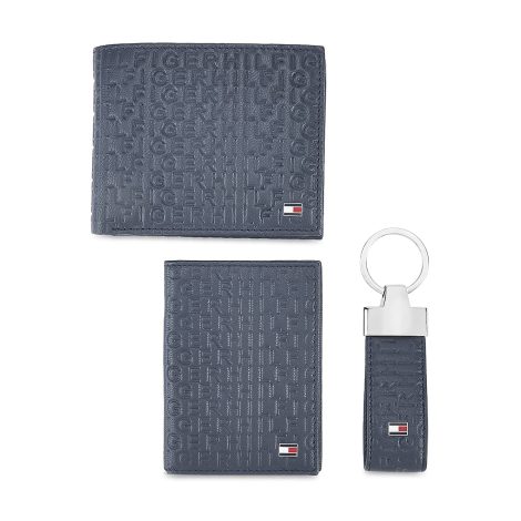 Tommy Hilfiger’s Navy Leather Wallet with Card Case and Keyfob, perfect gift set for men.