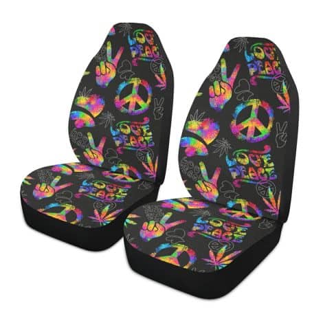 ALAZA Front Seat Covers with Rainbow Peace Love Sign Gesture & Organizer Pocket for Cars, SUVs, Trucks, Sedans – 2 pcs – Ideal for Both Men and Women.