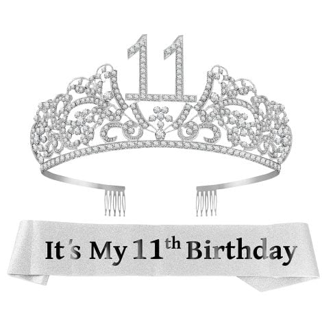 Fabulous glitter sash and premium metal tiara for girls to celebrate their 11th birthday in a princess-themed party.