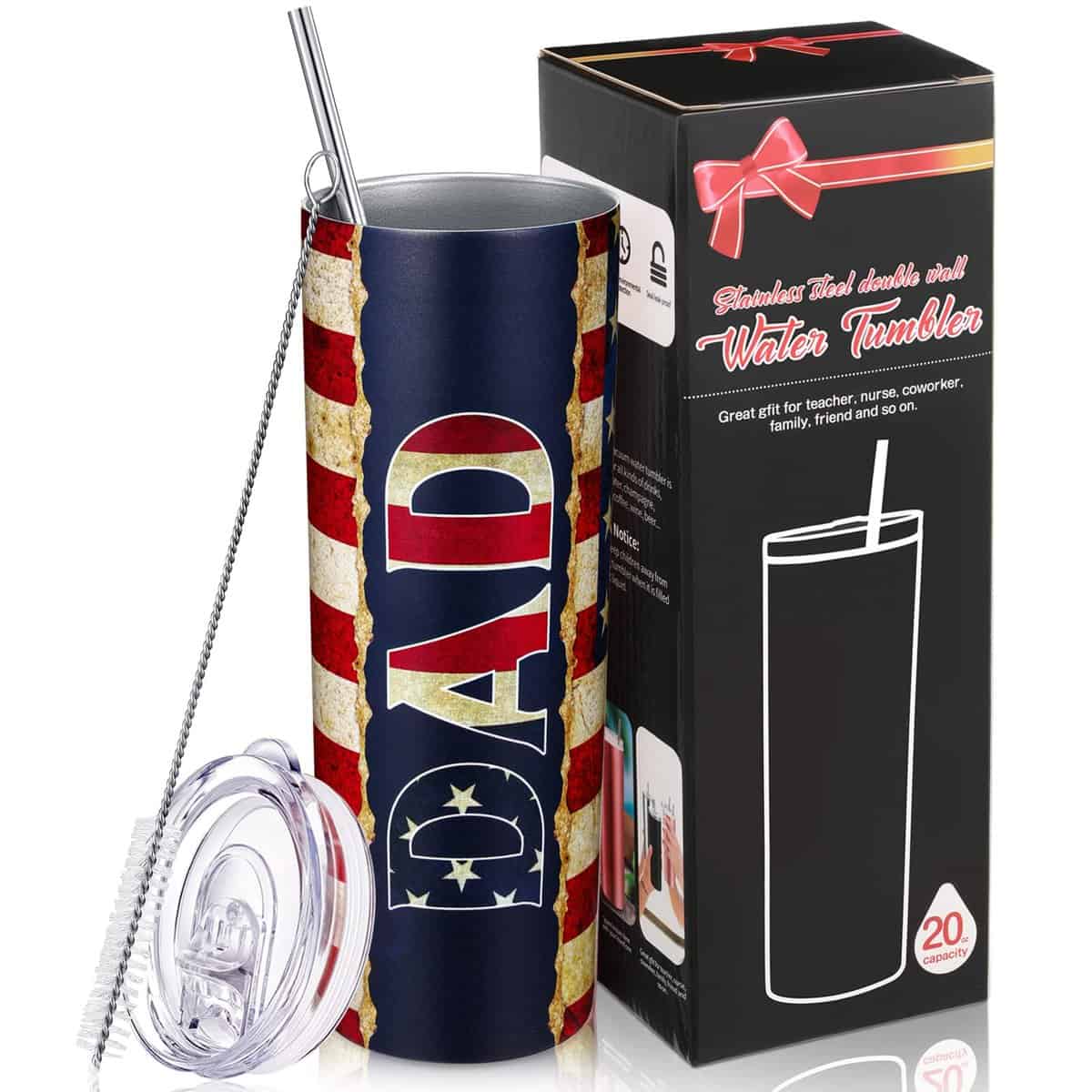 Father's Day Gifts for Papa Dad, 4th of July Gift for Father Daddy New Dad from Daughter Son, American Flag Tumbler, 20 oz Stainless Steel Insulated Water Tumbler with Lid Straw Brush (Dad Style)