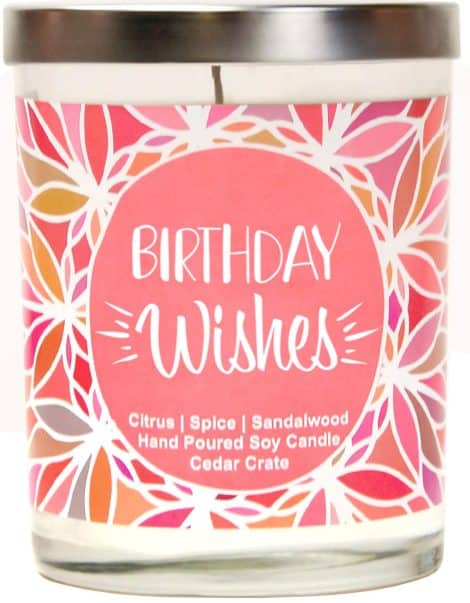 Celebrate with “Birthday Blessings” – a opulent scented candle with zesty citrus, warm spice, and soothing sandalwood; perfect 60th birthday gift.