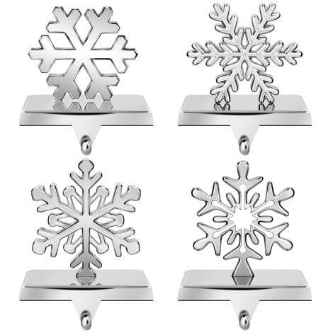 Get 4 Silver Snowflake Stocking Holders, Perfect for Christmas Decor and hanging stockings on your mantel.